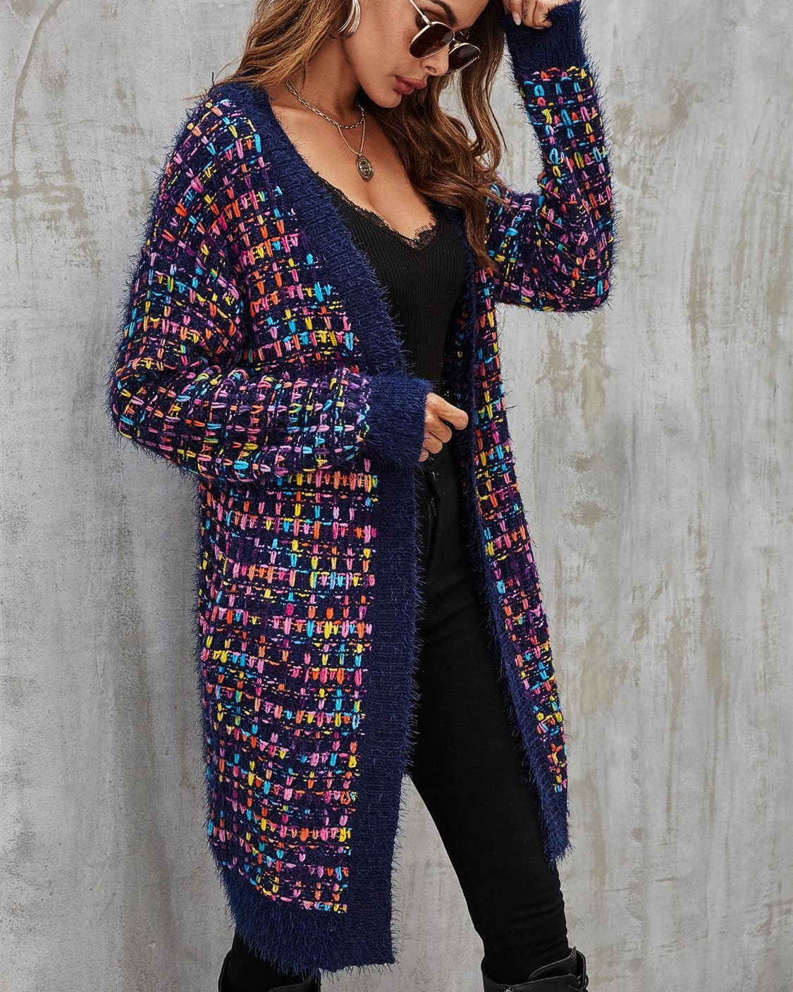 Speckles Boucle Check Cardigan In Navy