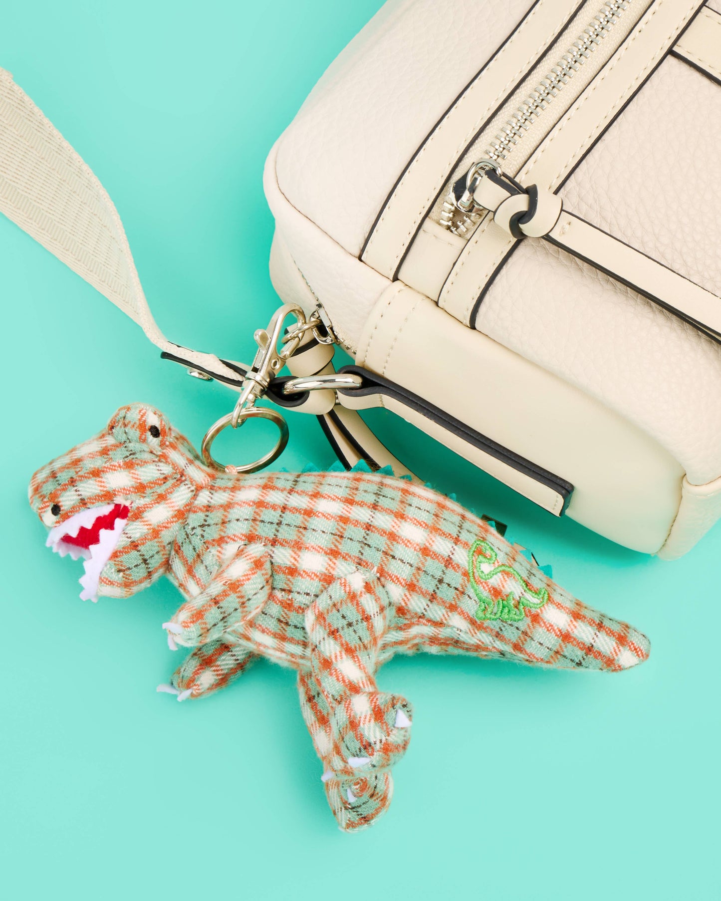 T-Rex Dinosaur Bag Charm in Green Tartan