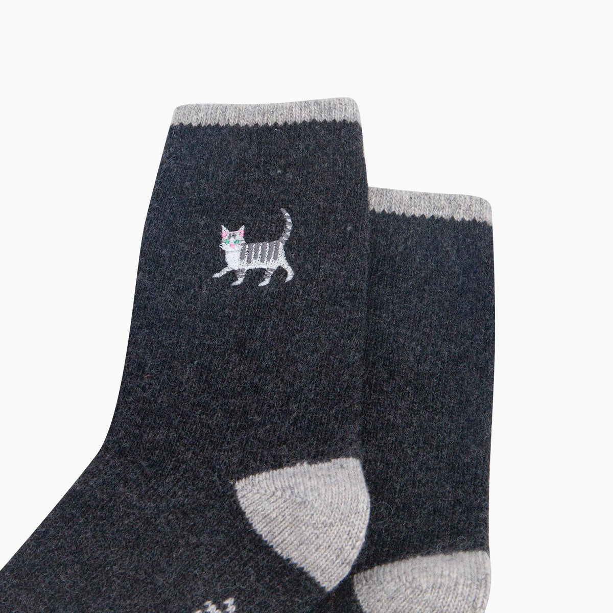 Grey Cat Embroidered Wool Socks in Charcoal