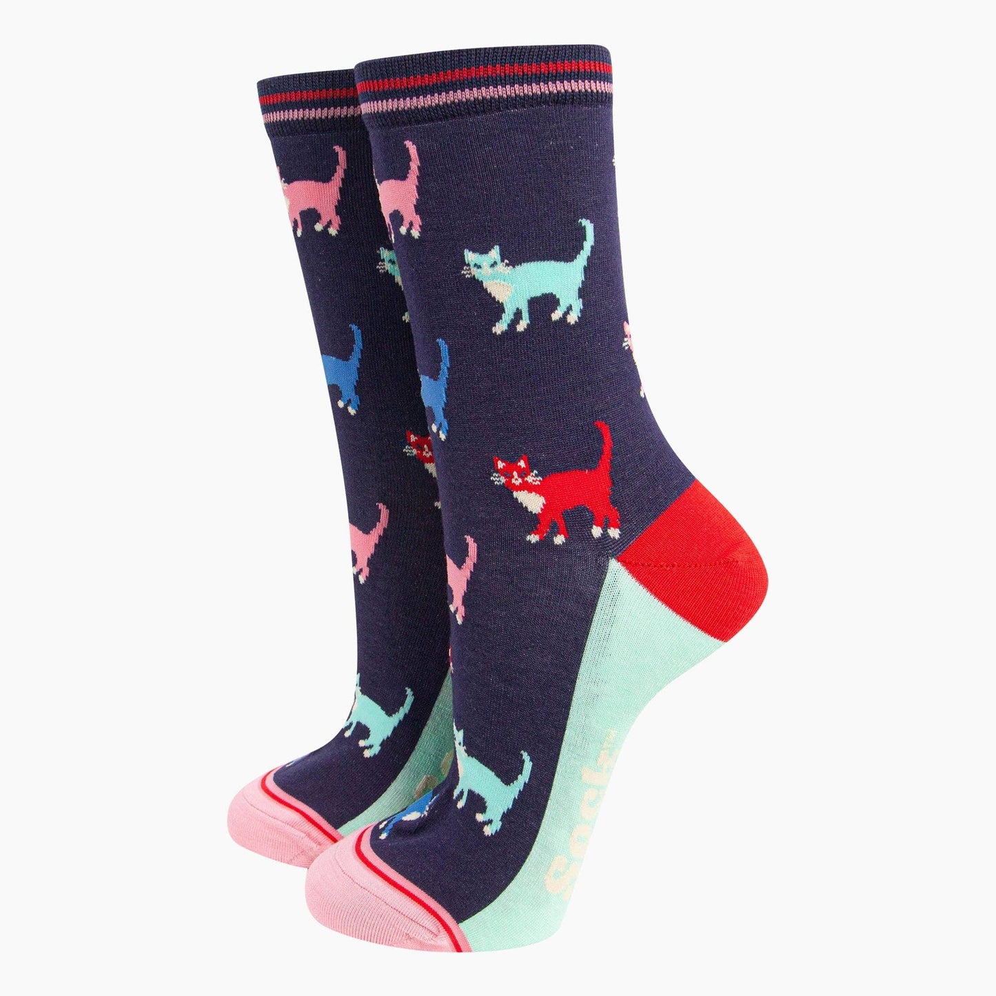 Navy Multi Cat Bamboo Crew Socks