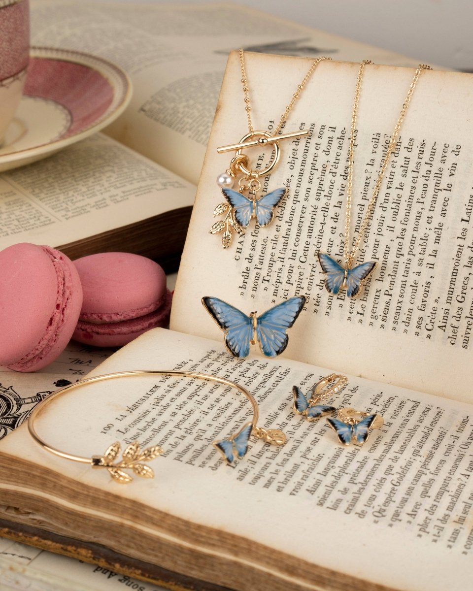 Enamel Blue Butterfly & Leaf Charm Necklace - Pink Poodle Boutique - 