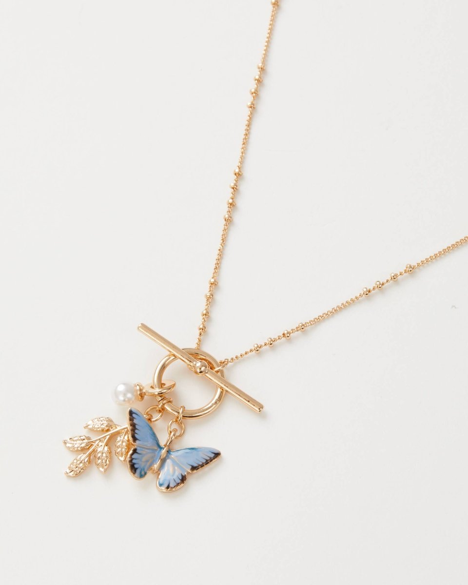 Enamel Blue Butterfly & Leaf Charm Necklace - Pink Poodle Boutique - 