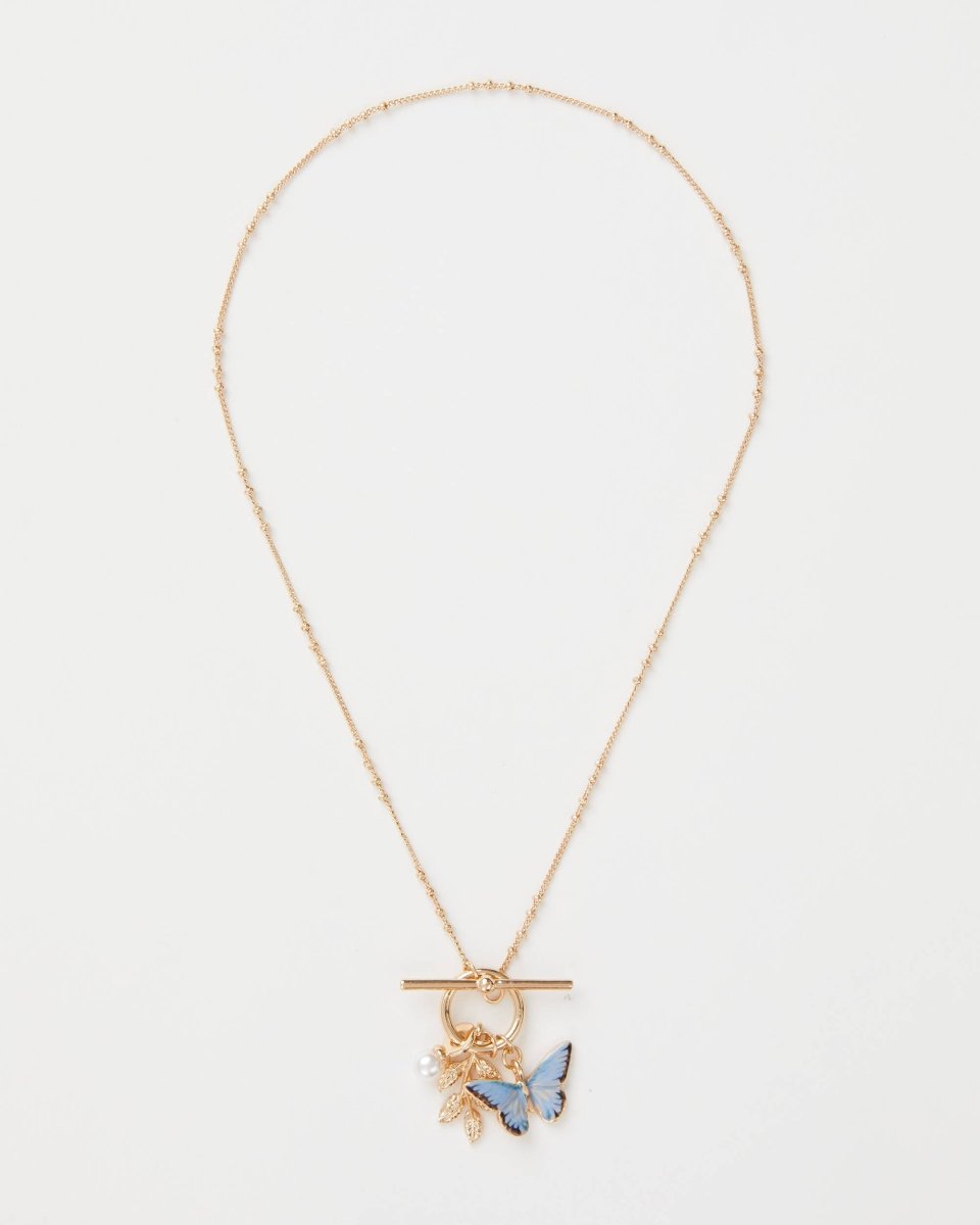 Enamel Blue Butterfly & Leaf Charm Necklace - Pink Poodle Boutique - 