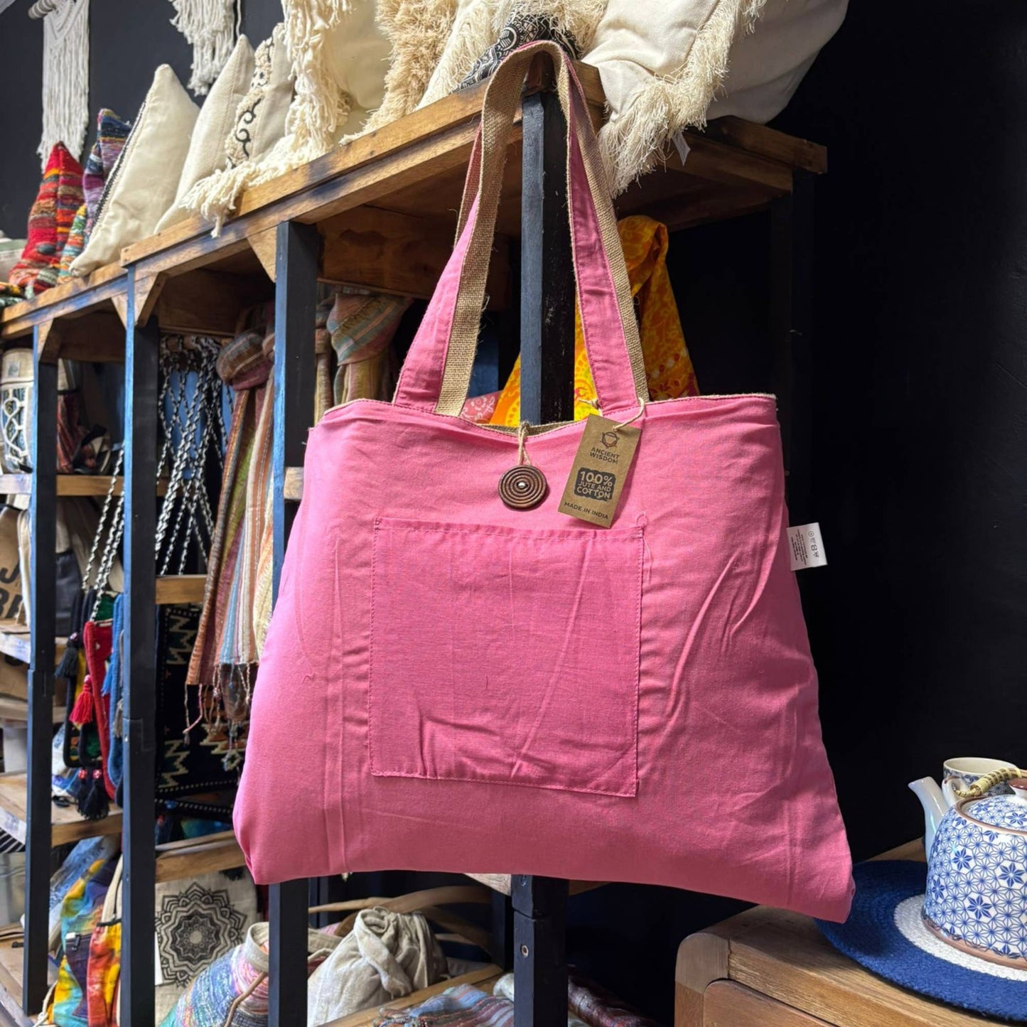 Jute & Cotton Reversible Big Bag in Pink