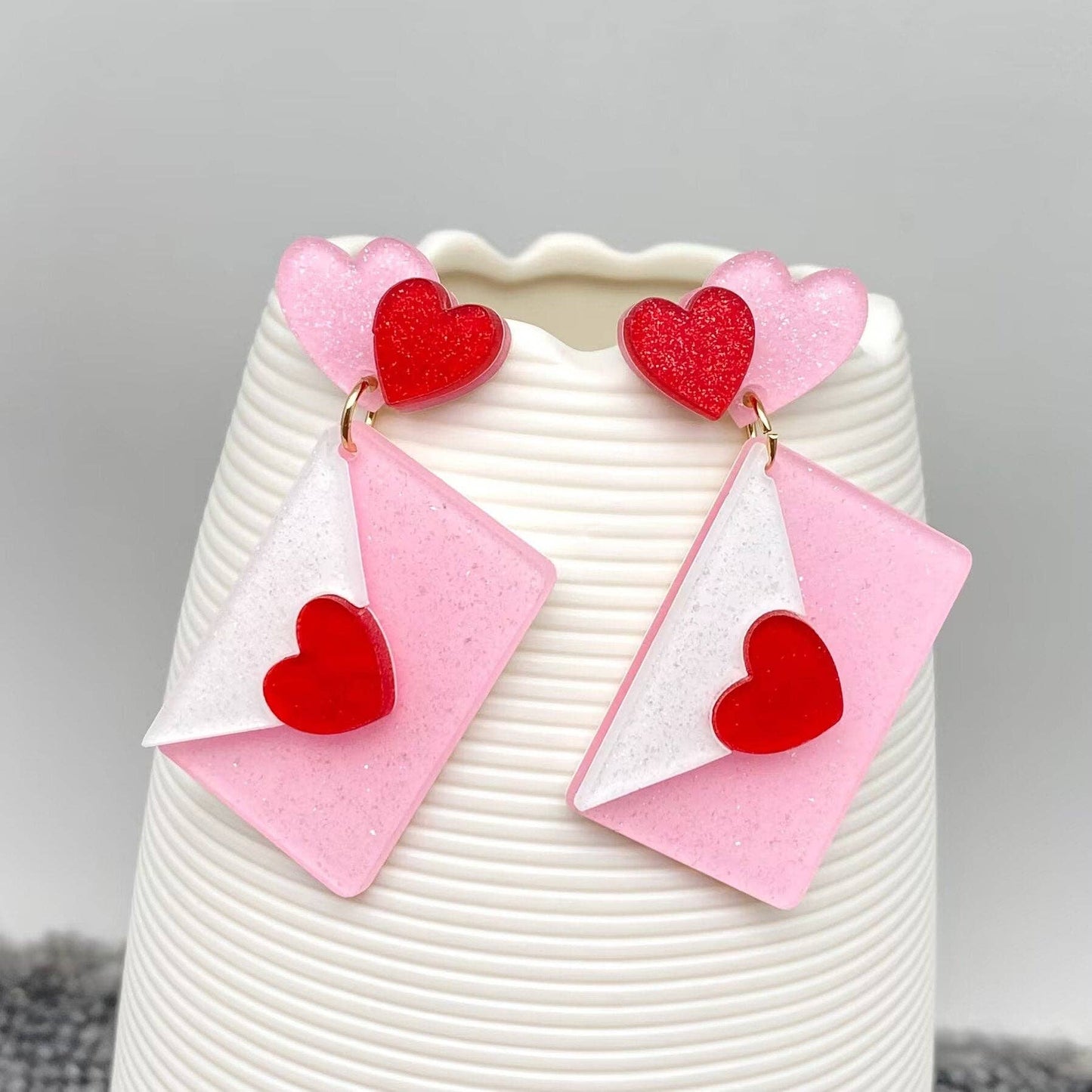 Acrylic Pink Heart Envelope Post Earrings