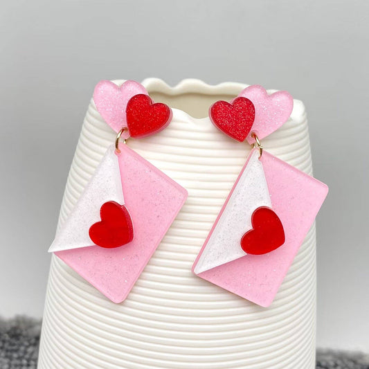 Acrylic Pink Heart Envelope Post Earrings