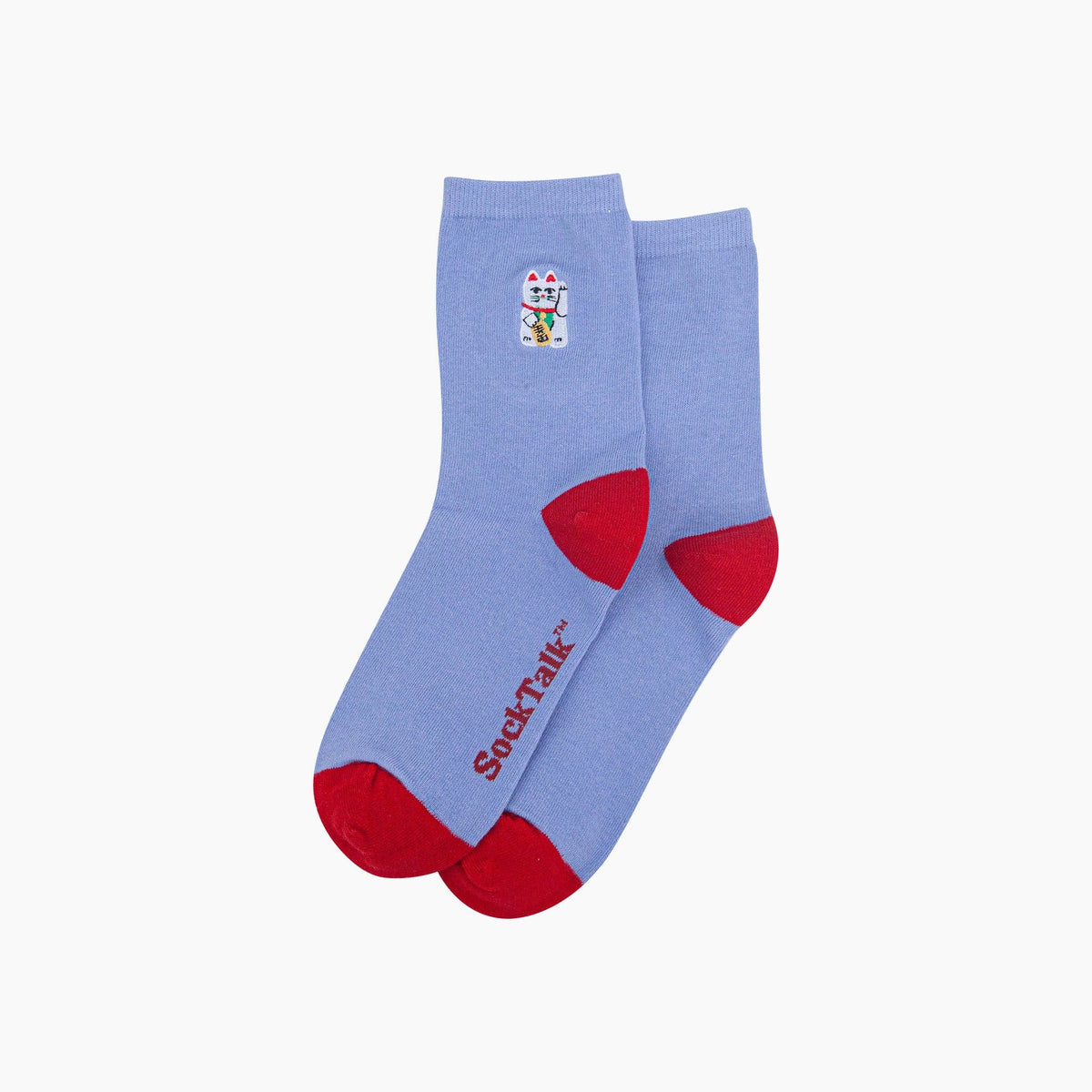 Lucky Cat Combed Cotton Embroidered Socks in Blue/Red