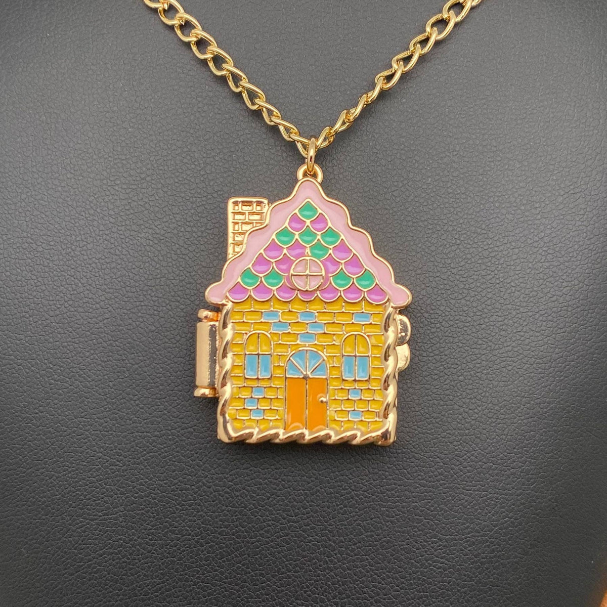 Enamel House Locket Charm Necklace