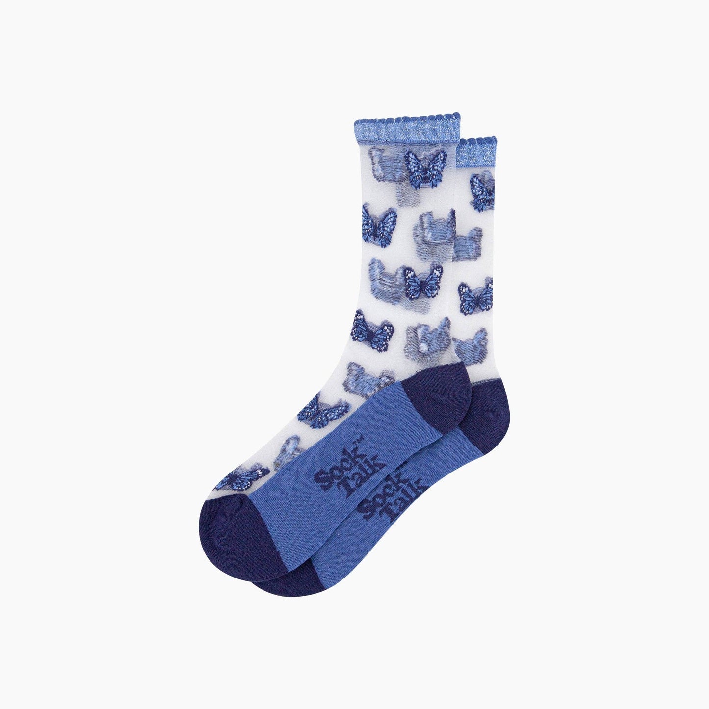 Blue Butterflies Combed Cotton Sheer Pop Socks