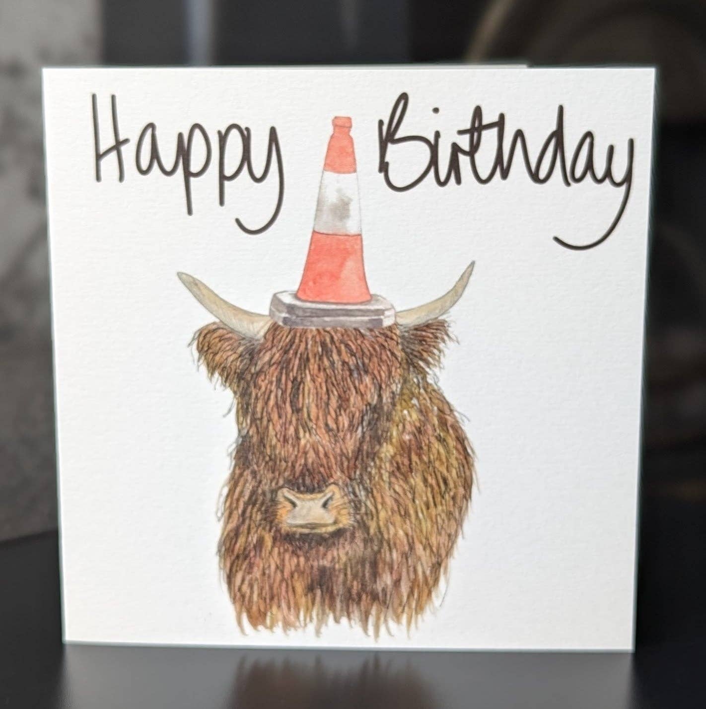 Traffic Cone Highland Cow Birthday Card
