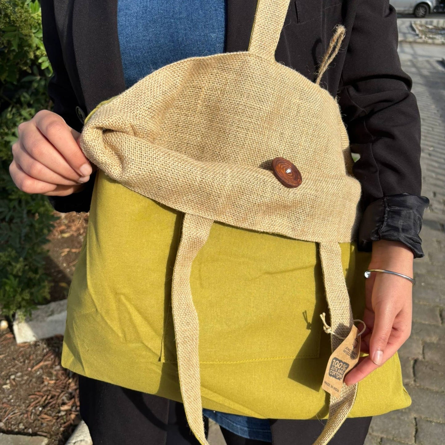 Jute & Cotton Reversible Big Bag in Pistachio
