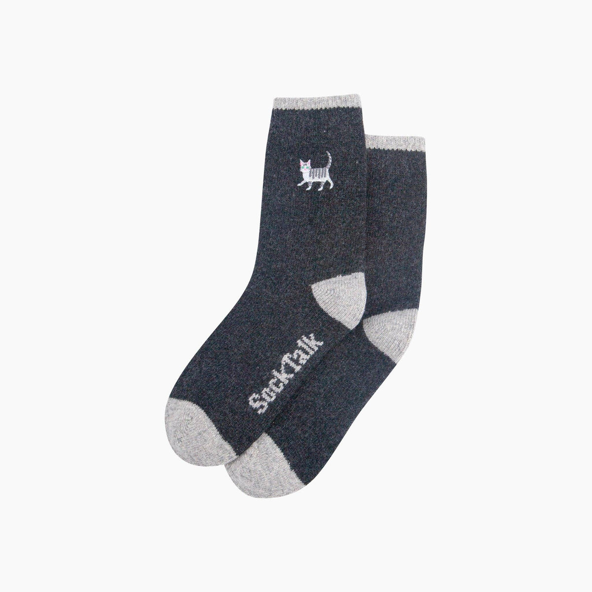 Grey Cat Embroidered Wool Socks in Charcoal