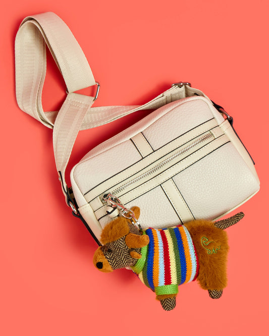 Highland Cow Bag Charm with Tweed Face in Stripe Jumper