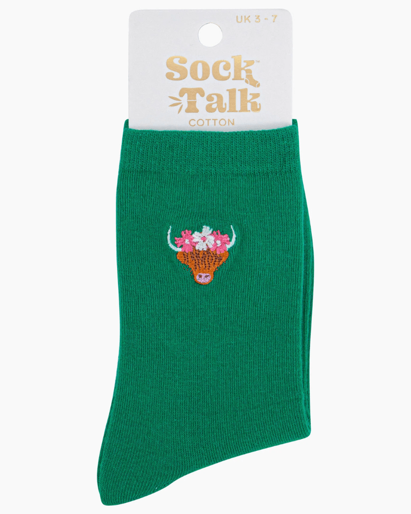 Highland Cow Flower Crown Embroidered Cotton Socks - Pink Poodle Boutique - 4530HCOWGR