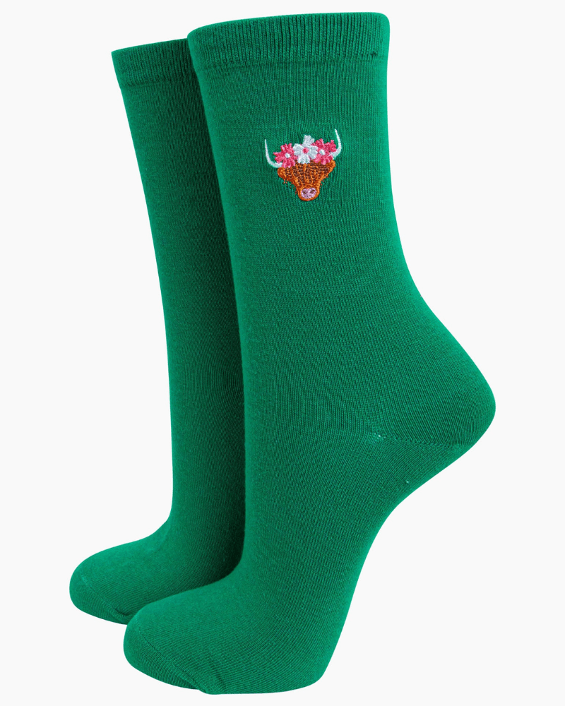 Highland Cow Flower Crown Embroidered Cotton Socks - Pink Poodle Boutique - 4530HCOWGR