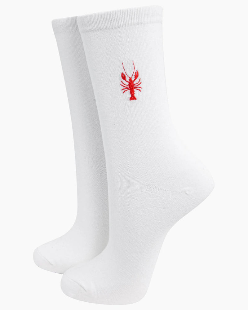 Lobster Embroidered Cotton Socks - Pink Poodle Boutique - 4530LOBWH