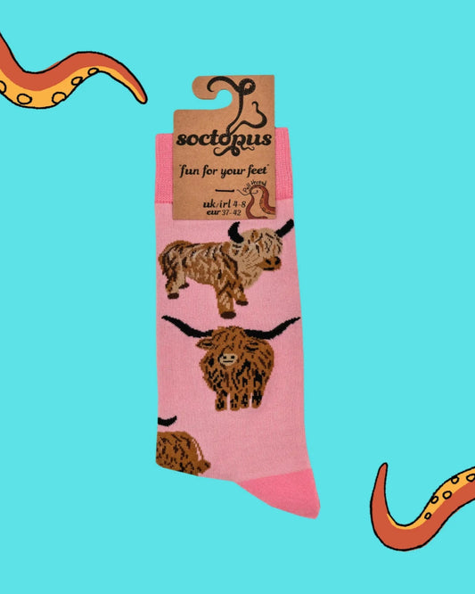 Och Aye The Moo - Highland Cow Ladies Socks - Pink Poodle Boutique - 