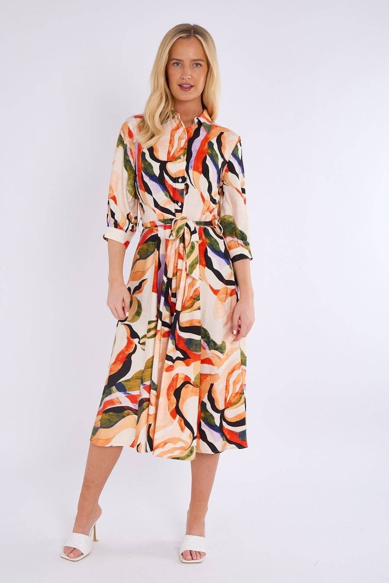Orange and Green Pattern Print Midi Shirt Dress - Pink Poodle Boutique - LS - 2045 - D3 - 10P