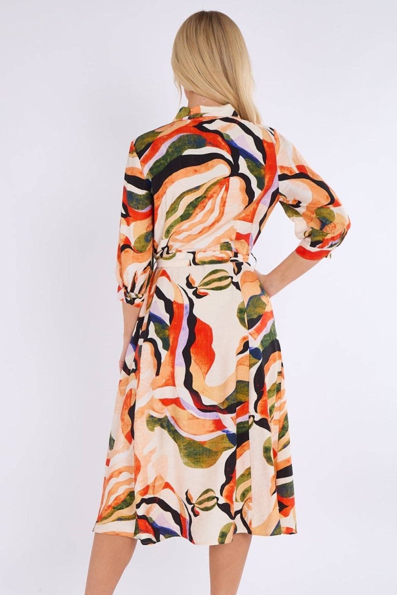Orange and Green Pattern Print Midi Shirt Dress - Pink Poodle Boutique - LS - 2045 - D3 - 10P