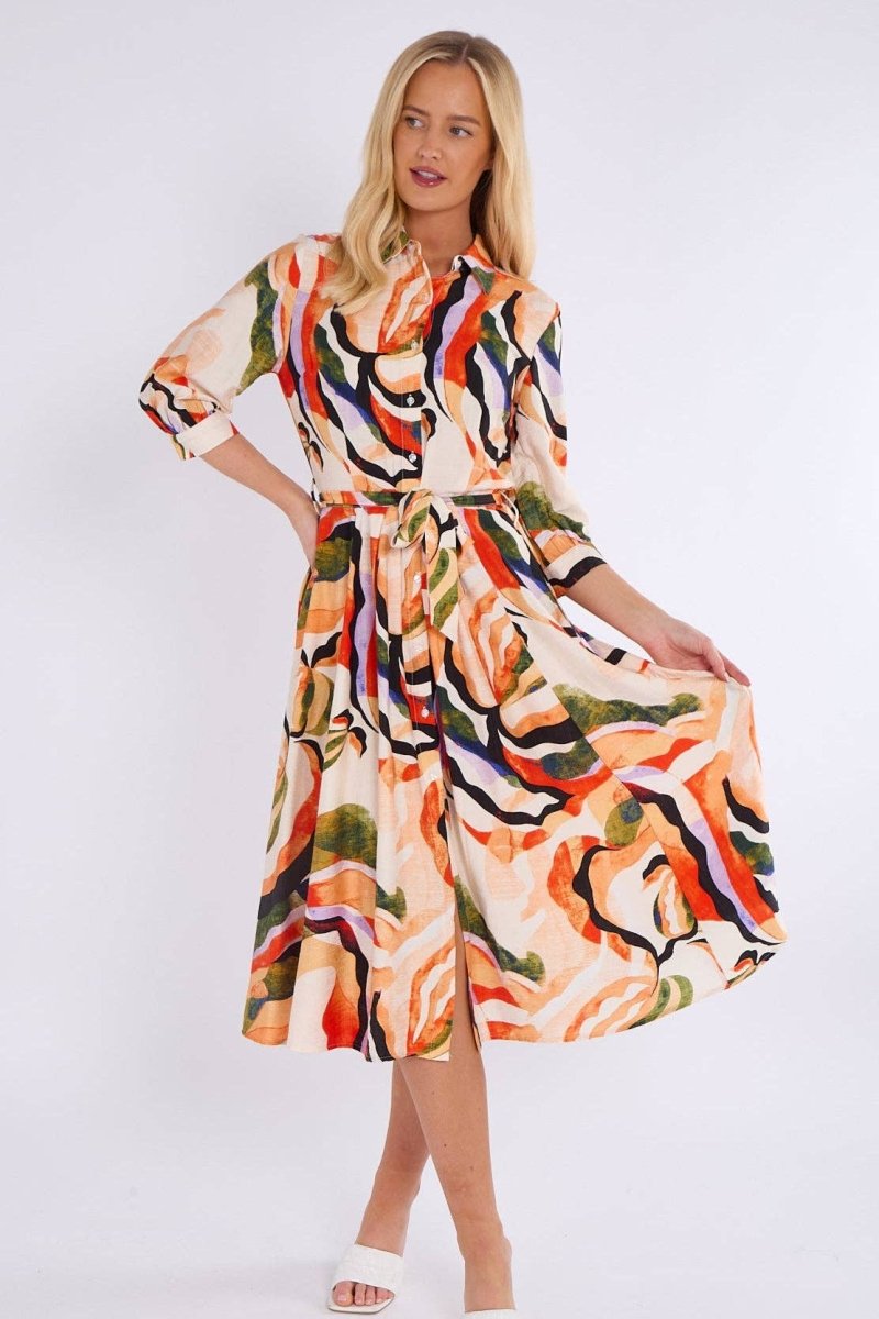 Orange and Green Pattern Print Midi Shirt Dress - Pink Poodle Boutique - LS - 2045 - D3 - 10P