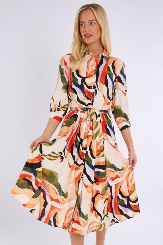 Orange and Green Pattern Print Midi Shirt Dress - Pink Poodle Boutique - LS - 2045 - D3 - 10P