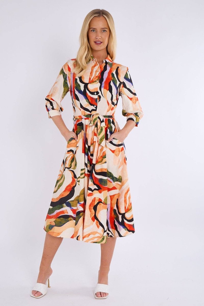 Orange and Green Pattern Print Midi Shirt Dress - Pink Poodle Boutique - LS - 2045 - D3 - 10P