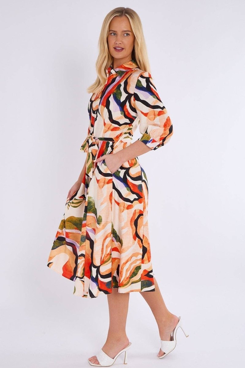Orange and Green Pattern Print Midi Shirt Dress - Pink Poodle Boutique - LS - 2045 - D3 - 10P