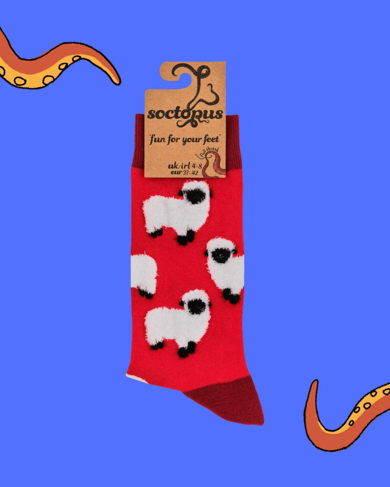 Red Fluffy Sheep Crew Socks - Pink Poodle Boutique - S2837S