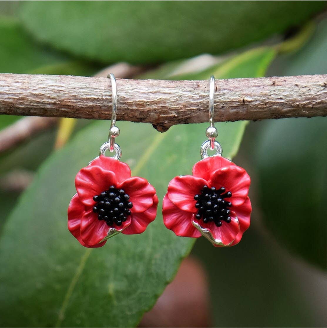 Red Poppy Flower Drop Hook Earrings - Pink Poodle Boutique - ATH589