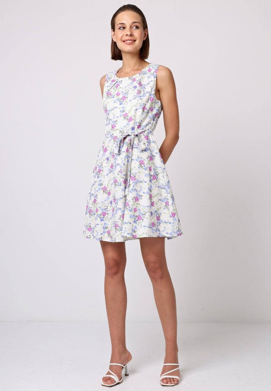 Skater Mini Dress with Tie Belt in White Floral - Pink Poodle Boutique - T038865MUTIF - XS
