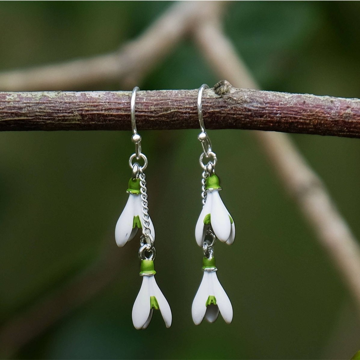 Snowdrop Flower Double Drop Earrings in Silver Tone - Pink Poodle Boutique - 5061087870240