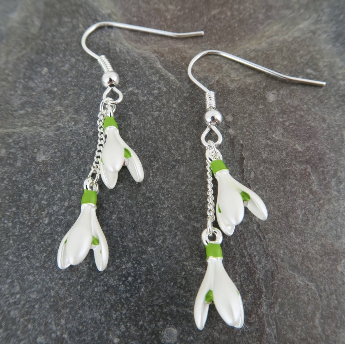 Snowdrop Flower Double Drop Earrings in Silver Tone - Pink Poodle Boutique - 5061087870240