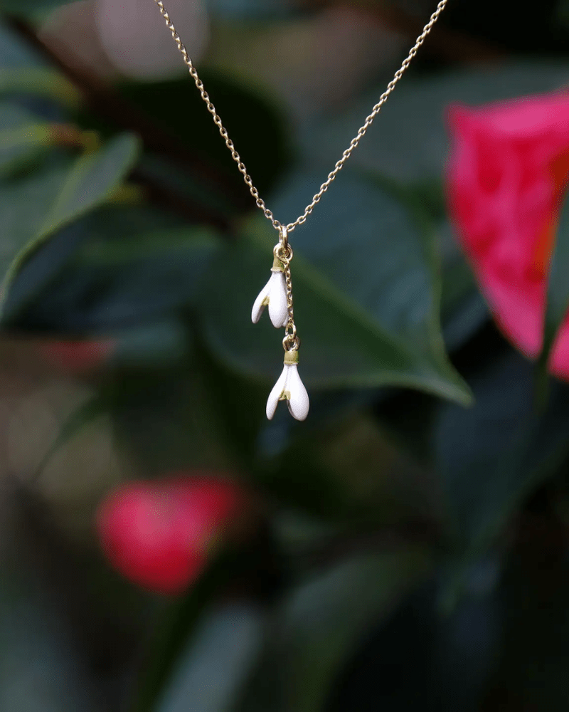 Snowdrop Flower Double Pendant Necklace in Gold Tone - Pink Poodle Boutique - ATH852