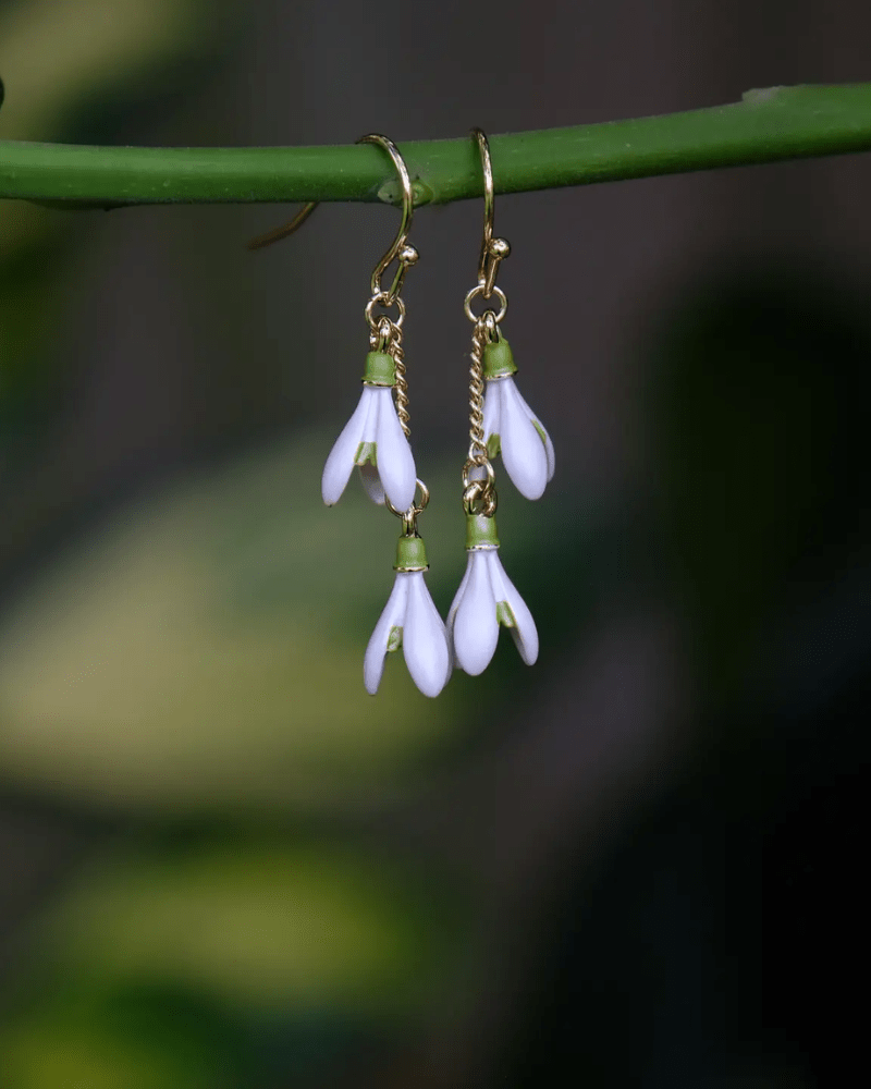 Snowdrop Flower Gold Tone Double Drop Hook Earrings - Pink Poodle Boutique - ATH898