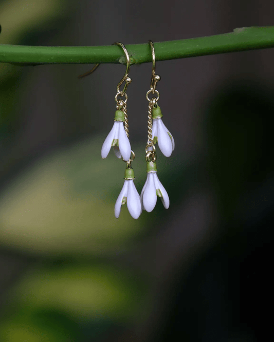 Snowdrop Flower Gold Tone Double Drop Hook Earrings - Pink Poodle Boutique - ATH898