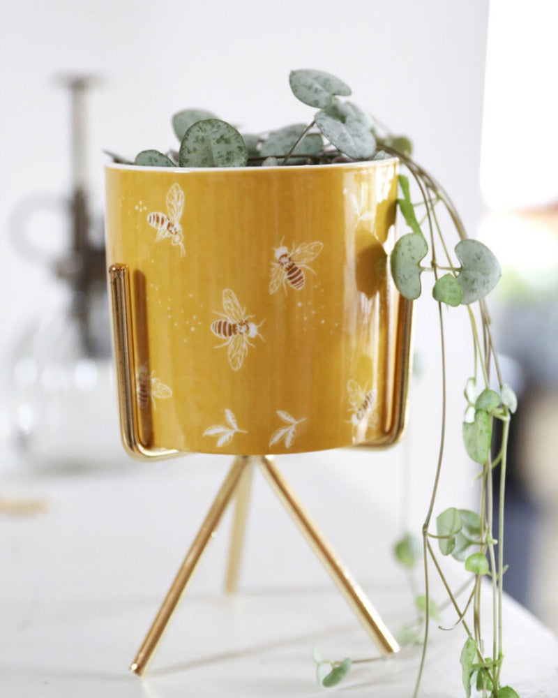 Bee Planter With Gold Stand Yellow