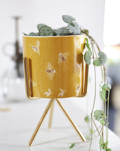 Bee Planter With Gold Stand Yellow