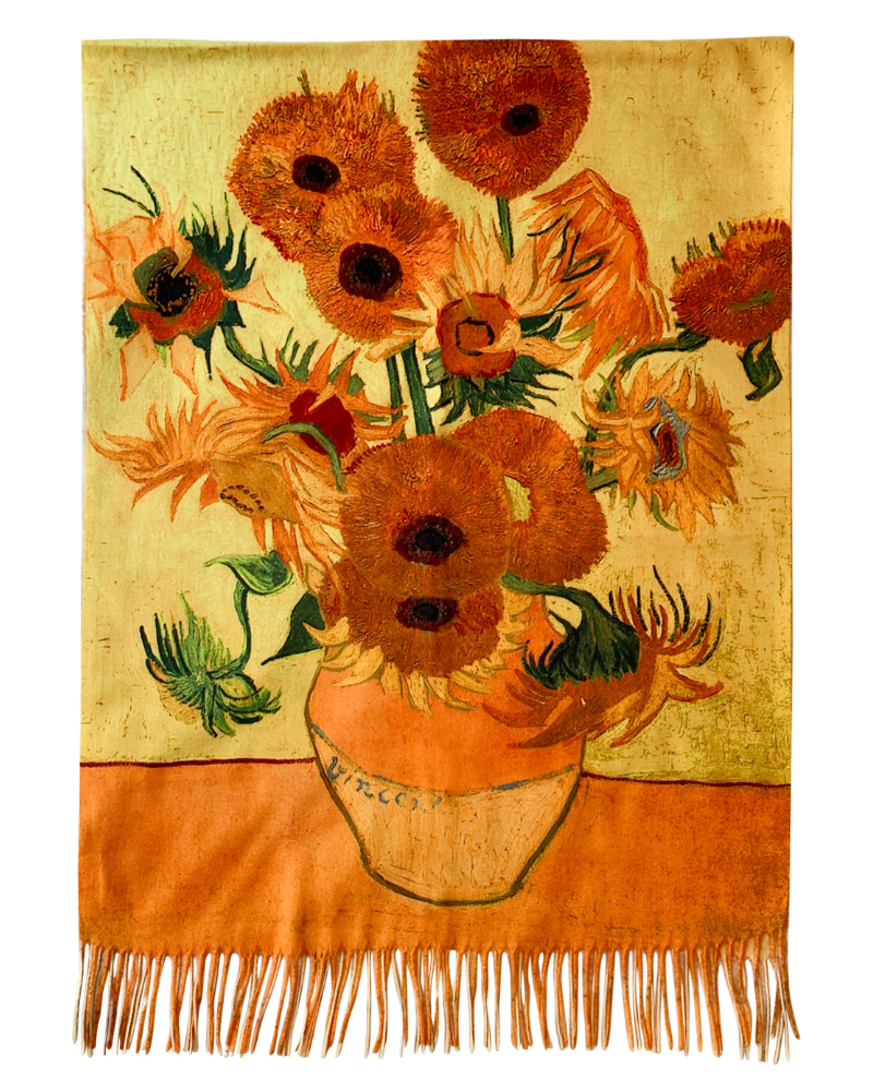 Van Gogh Sunflowers Print Wool Tassel Scarf