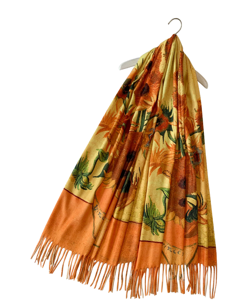 Van Gogh Sunflowers Print Wool Tassel Scarf