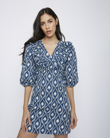 Navy White Rose V Neck Dress