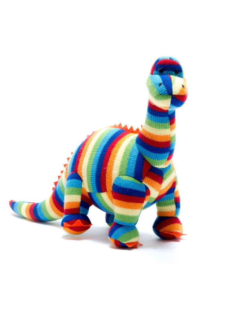 Stripey Diplodocus Dinosaur Knitted Toy In Bold Rainbow Stripe
