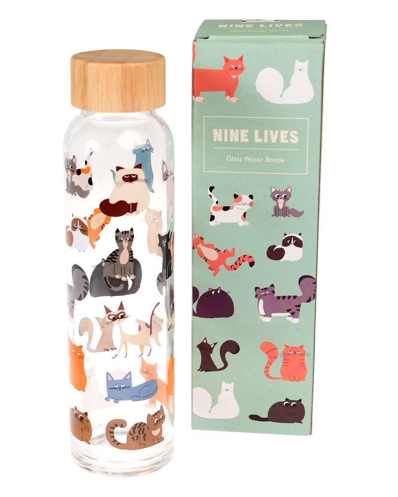 Nine Lives Cat Glass Drinking Bottle