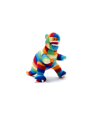 Stripey T-Rex Dinosaur Knitted Rattle In Bold Rainbow Stripe