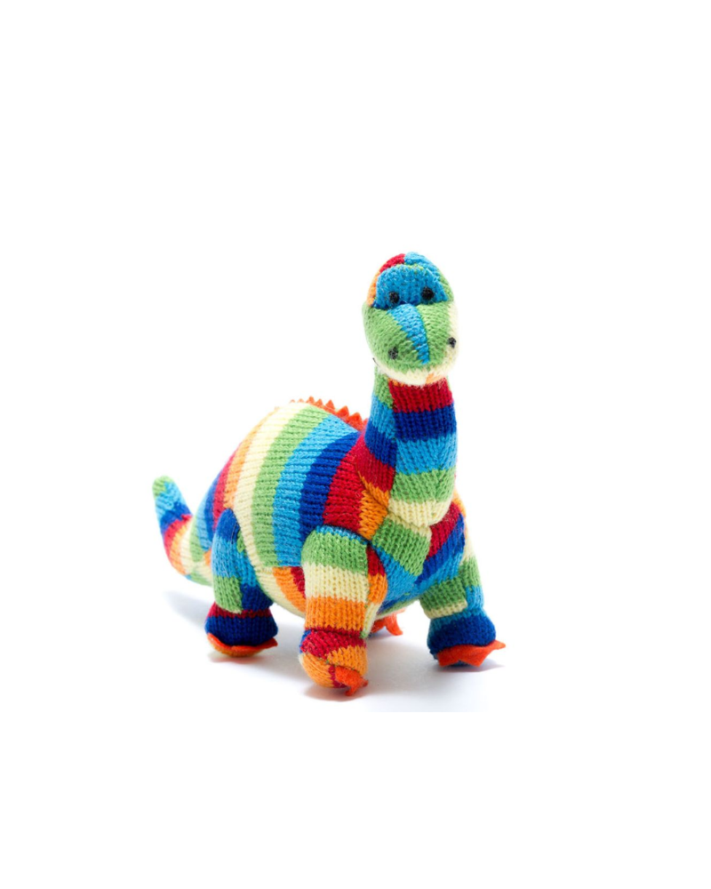 Stripey Diplodocus Dinosaur Knitted Rattle Bold Rainbow Stripe