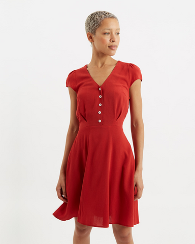 Cathleen Red Mini Moss Crepe Tea Dress