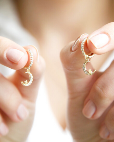 Crystal Moon Huggie Hoop Earrings In Gold