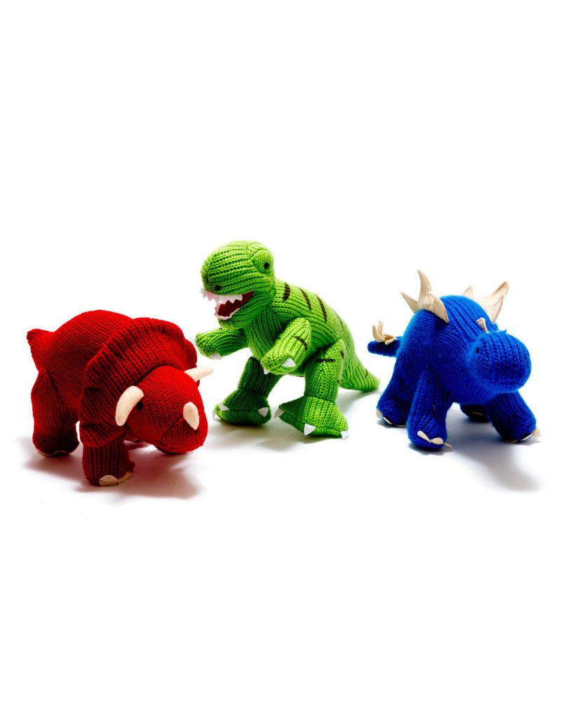 hand knitted T-Rex dinosaur toy, in bright and bold colours, is super cuddly.     Great for babies and toddlers, this dinosaur soft toy is a perfect size for baby to play with during tummy time with its soft stimulating rattle sound.