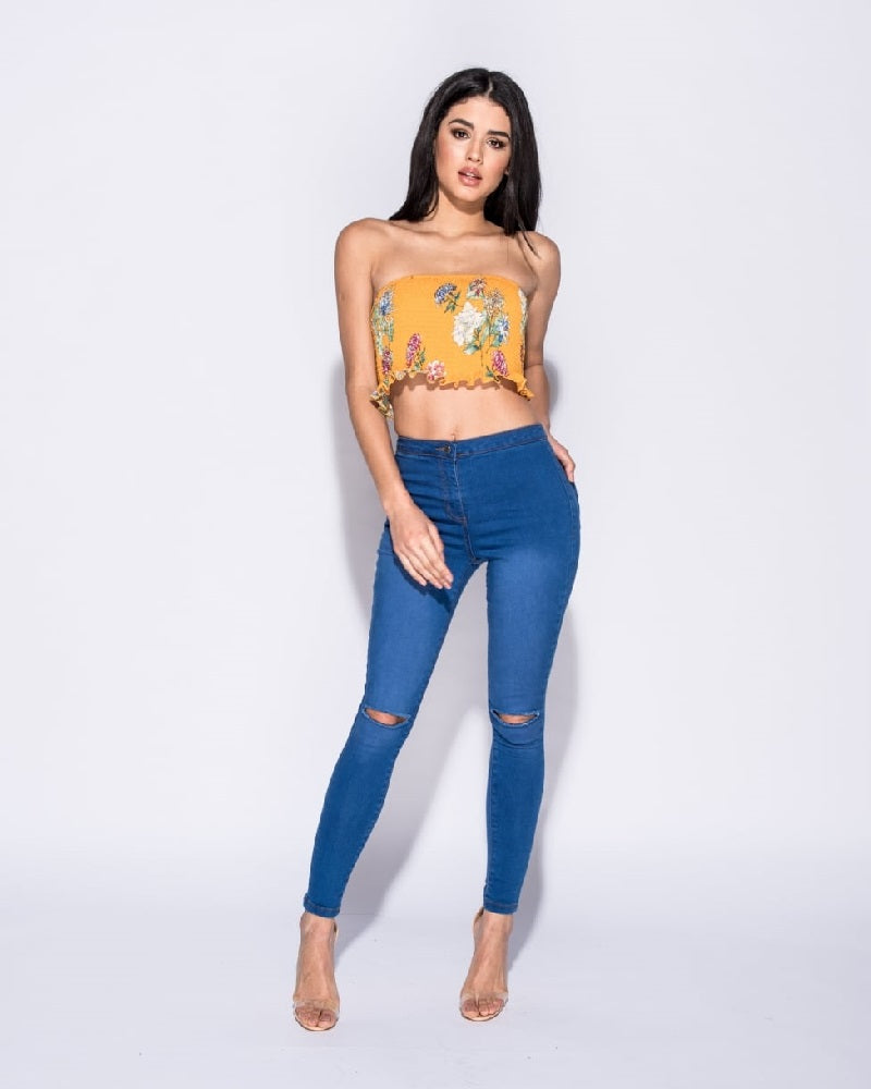 Ripped Knee Mid Waist Skinny Jeggins In Blue