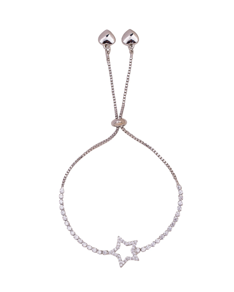 Keira Crystal Star Heart Delicate Drawstring Bracelet In Silver