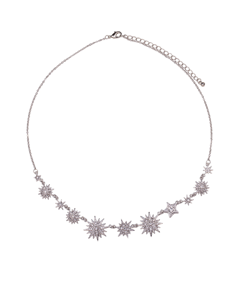 Kylie Rhodium Silver And Crystal Assorted Stars Pendant Short Necklace
